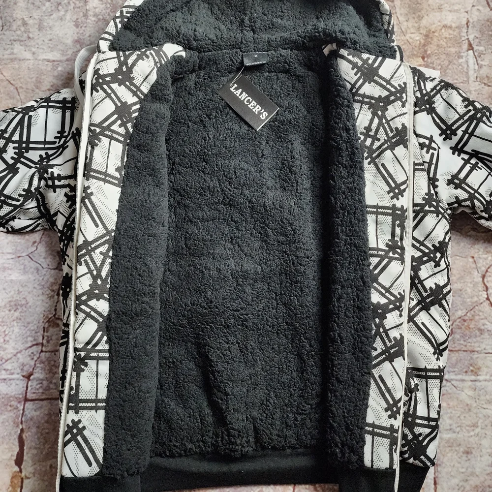 Medium Black and White Geometric Full Zip Lined Hoodie